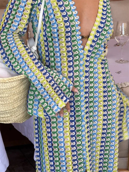Vestido largo con escote en V y aberturas en contraste para mujer, ajustado, holgado, de calle, de manga larga, con encaje, estilo patchwork, a la moda