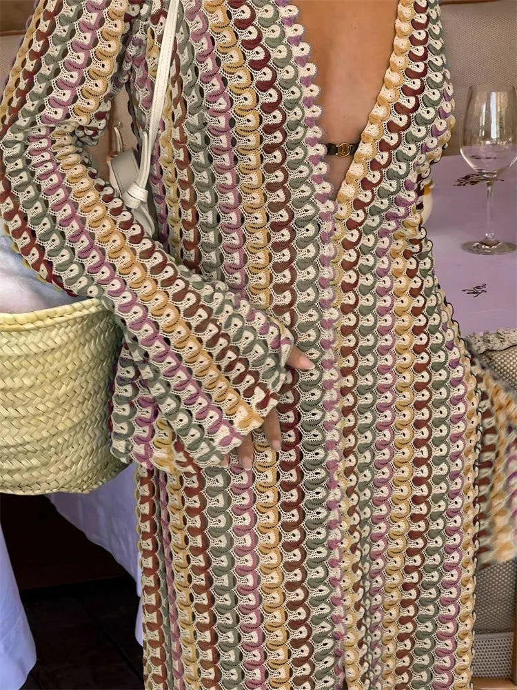 Vestido largo con escote en V y aberturas en contraste para mujer, ajustado, holgado, de calle, de manga larga, con encaje, estilo patchwork, a la moda
