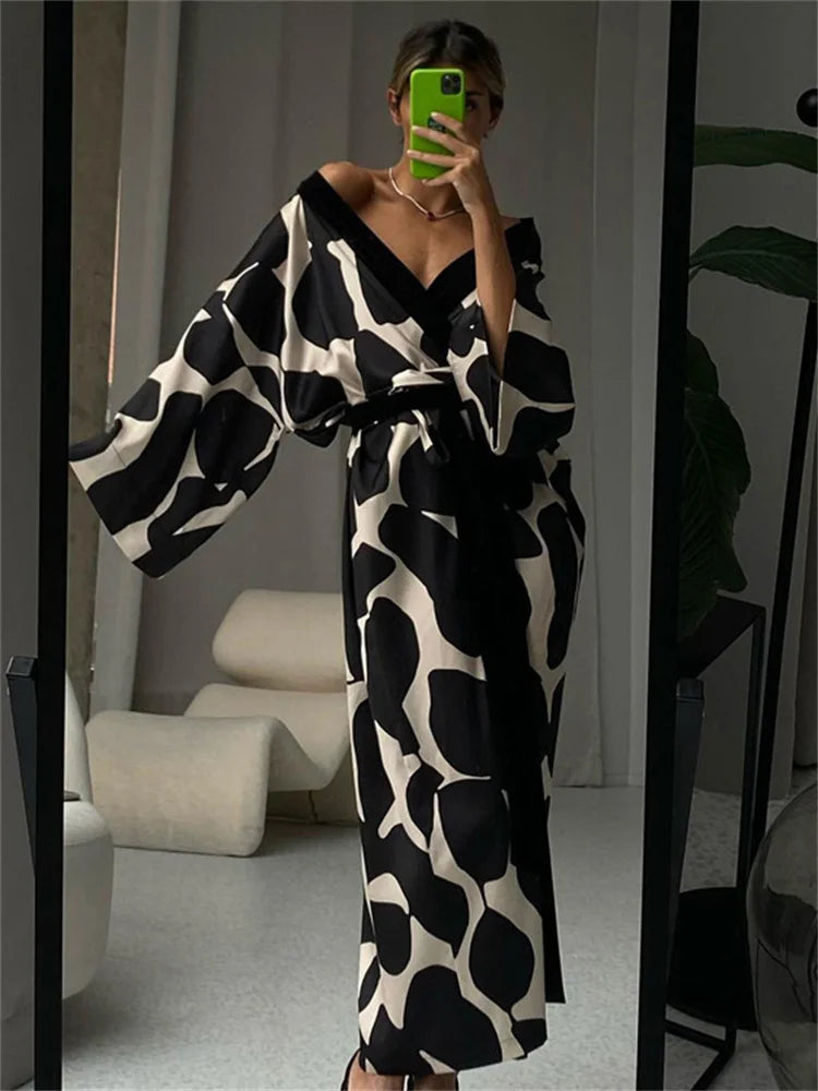 Contrast Loose Lace-Up Long Dress Nightwear For Women V-Neck Fashion Long Sleeve Autumn Clothes Female Bandage Maxi Dress