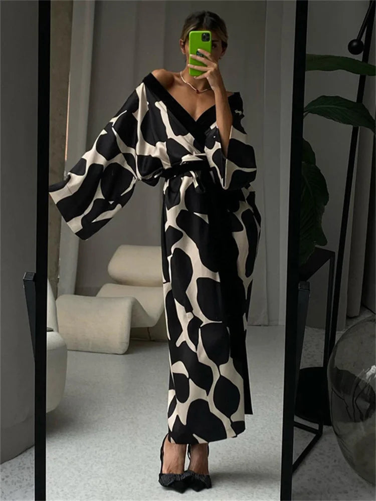 Contrast Loose Lace-Up Long Dress Nightwear For Women V-Neck Fashion Long Sleeve Autumn Clothes Female Bandage Maxi Dress