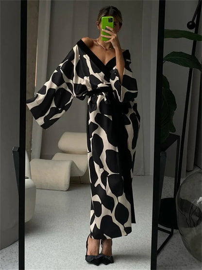 Contrast Loose Lace-Up Long Dress Nightwear For Women V-Neck Fashion Long Sleeve Autumn Clothes Female Bandage Maxi Dress