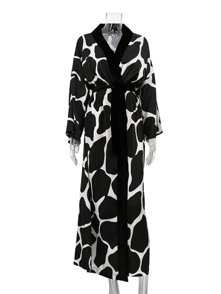 Contrast Loose Lace-Up Long Dress Nightwear For Women V-Neck Fashion Long Sleeve Autumn Clothes Female Bandage Maxi Dress