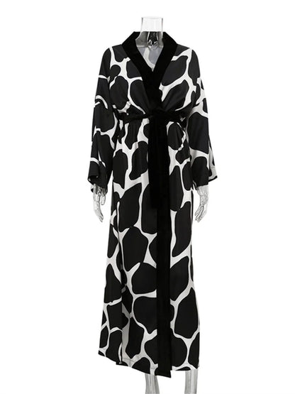 Contrast Loose Lace-Up Long Dress Nightwear For Women V-Neck Fashion Long Sleeve Autumn Clothes Female Bandage Maxi Dress