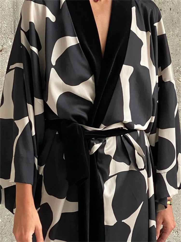 Contrast Loose Lace-Up Long Dress Nightwear For Women V-Neck Fashion Long Sleeve Autumn Clothes Female Bandage Maxi Dress