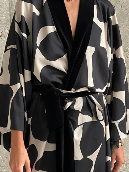 Contrast Loose Lace-Up Long Dress Nightwear For Women V-Neck Fashion Long Sleeve Autumn Clothes Female Bandage Maxi Dress