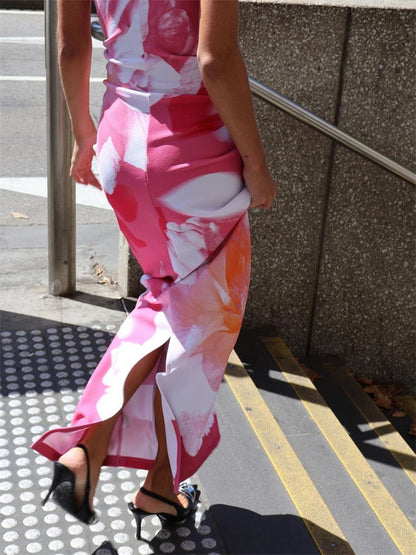 Contrast Spaghetti Slim Maxi Dress Female Printed Off-Shoulder Fashion Holiday Beach Dress Patchwork Summer Party Dress