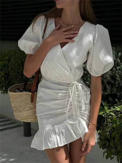 Vestido mini sexy con cuello en V y cordón ajustable para mujer, vestido blanco de manga corta con volantes y cordones, vestido de fiesta ajustado para mujer