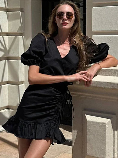 Vestido mini sexy con cuello en V y cordón ajustable para mujer, vestido blanco de manga corta con volantes y cordones, vestido de fiesta ajustado para mujer
