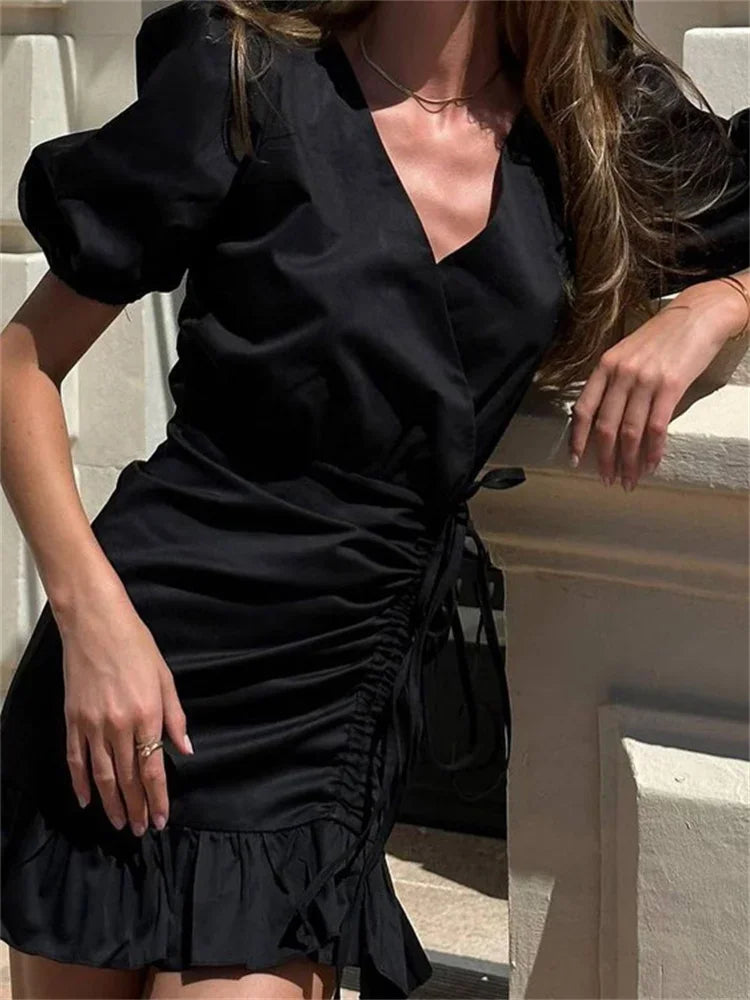 Vestido mini sexy con cuello en V y cordón ajustable para mujer, vestido blanco de manga corta con volantes y cordones, vestido de fiesta ajustado para mujer