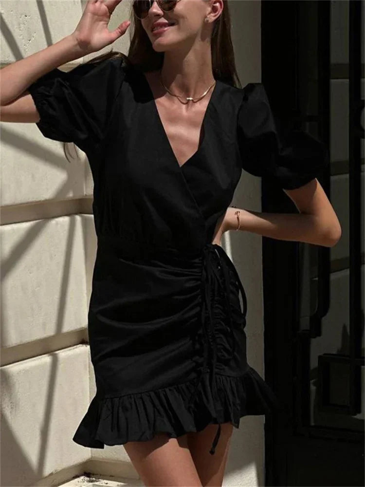 Vestido mini sexy con cuello en V y cordón ajustable para mujer, vestido blanco de manga corta con volantes y cordones, vestido de fiesta ajustado para mujer