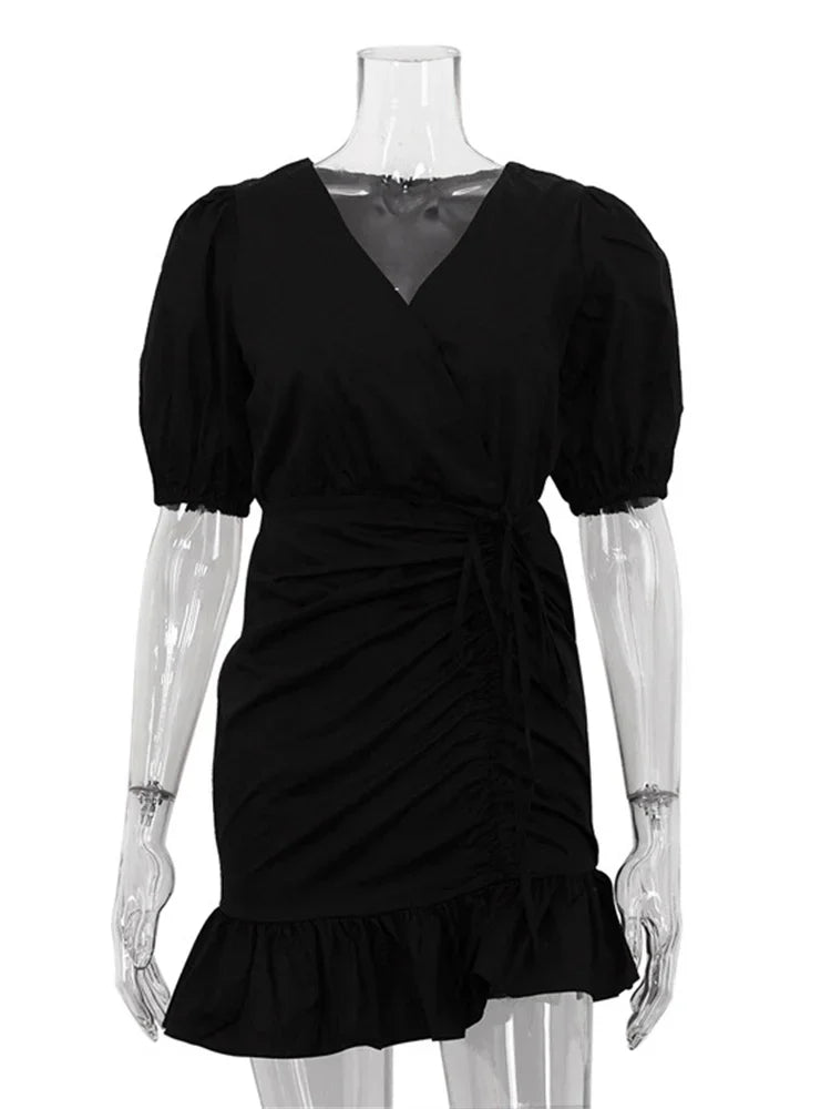 Vestido mini sexy con cuello en V y cordón ajustable para mujer, vestido blanco de manga corta con volantes y cordones, vestido de fiesta ajustado para mujer