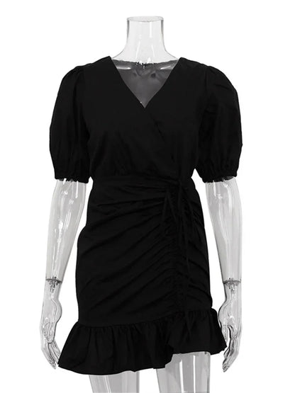 Vestido mini sexy con cuello en V y cordón ajustable para mujer, vestido blanco de manga corta con volantes y cordones, vestido de fiesta ajustado para mujer