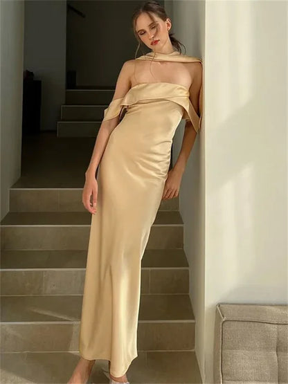 Elegante vestido largo sin espalda para mujer, ajustado, a la moda, con hombros descubiertos, vestido de fiesta de noche con cremallera, vestido de fiesta liso 2025