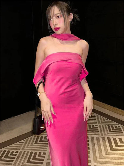 Elegante vestido largo sin espalda para mujer, ajustado, a la moda, con hombros descubiertos, vestido de fiesta de noche con cremallera, vestido de fiesta liso 2025