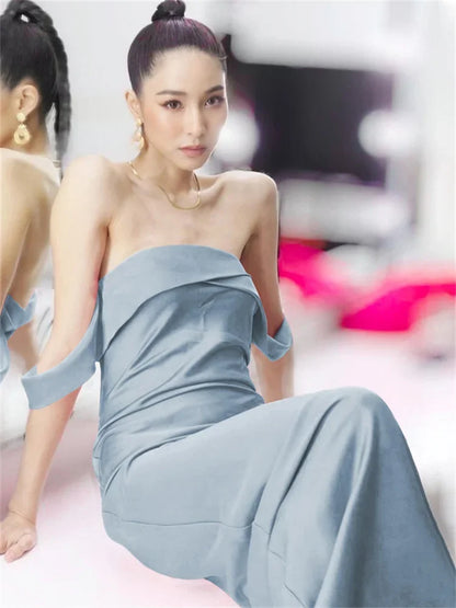 Elegante vestido largo sin espalda para mujer, ajustado, a la moda, con hombros descubiertos, vestido de fiesta de noche con cremallera, vestido de fiesta liso 2025