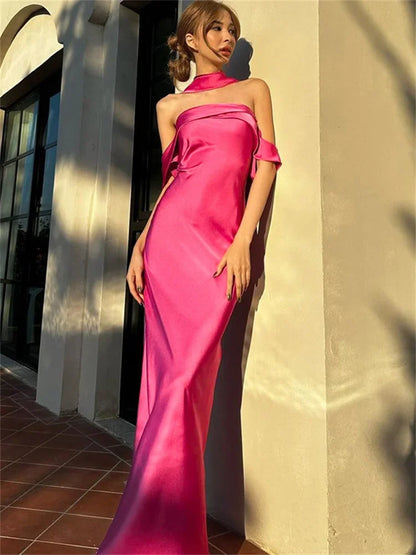 Elegante vestido largo sin espalda para mujer, ajustado, a la moda, con hombros descubiertos, vestido de fiesta de noche con cremallera, vestido de fiesta liso 2025
