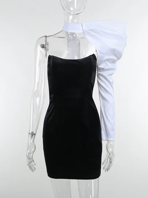 Elegante minivestido de fiesta con un solo hombro y mangas abullonadas, de patchwork, sin espalda, sexy, ajustado, para noche y club, 2025