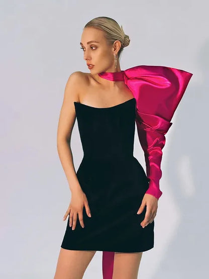 Elegante minivestido de fiesta con un solo hombro y mangas abullonadas, de patchwork, sin espalda, sexy, ajustado, para noche y club, 2025