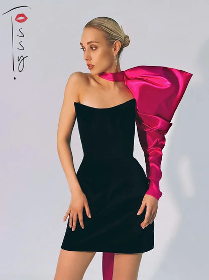 Elegante minivestido de fiesta con un solo hombro y mangas abullonadas, de patchwork, sin espalda, sexy, ajustado, para noche y club, 2025