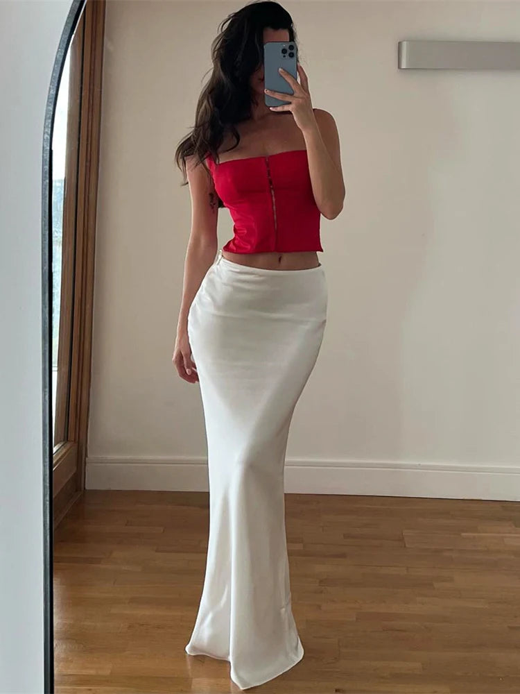 Elegant Casual Long Skirt Patchwork For Women Slim Party Gown Skirt Summer 2025 New High Waist Outfits White Y2k Skirt