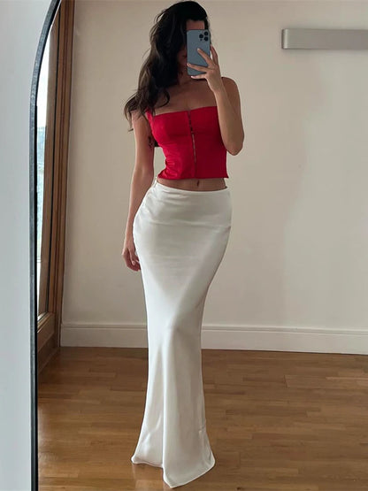 Elegant Casual Long Skirt Patchwork For Women Slim Party Gown Skirt Summer 2025 New High Waist Outfits White Y2k Skirt