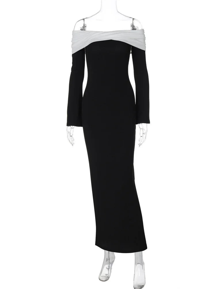 Elegante vestido largo ajustado con contraste para mujer, vestido de fiesta con hombros descubiertos y manga larga con retazos