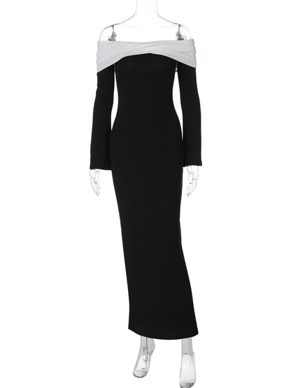 Elegante vestido largo ajustado con contraste para mujer, vestido de fiesta con hombros descubiertos y manga larga con retazos