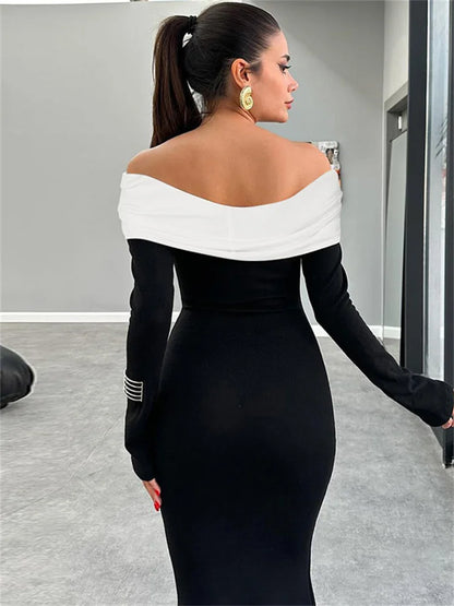 Elegante vestido largo ajustado con contraste para mujer, vestido de fiesta con hombros descubiertos y manga larga con retazos