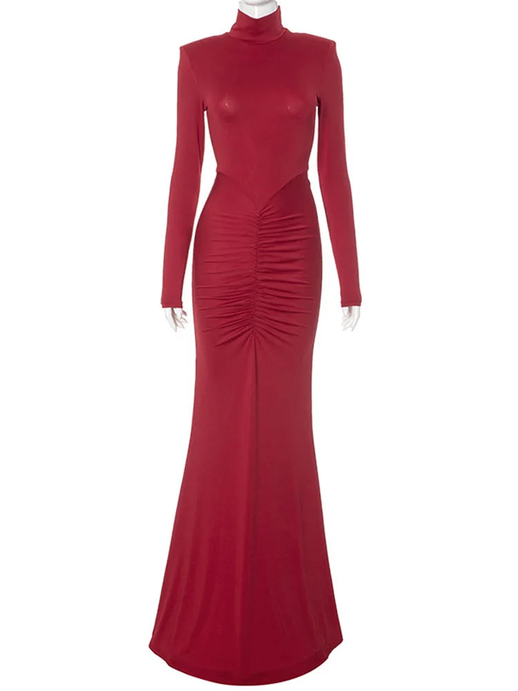 Elegante vestido largo plisado de moda para mujer, cintura alta, ajustado, con parches, para fiesta de otoño, vestido ajustado para mujer