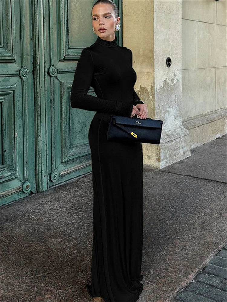 Elegant Fashion Turtleneck Long Dress Female High Waist Long Sleeve Slim Autumn  New Solid Dress Women’s Party Dress