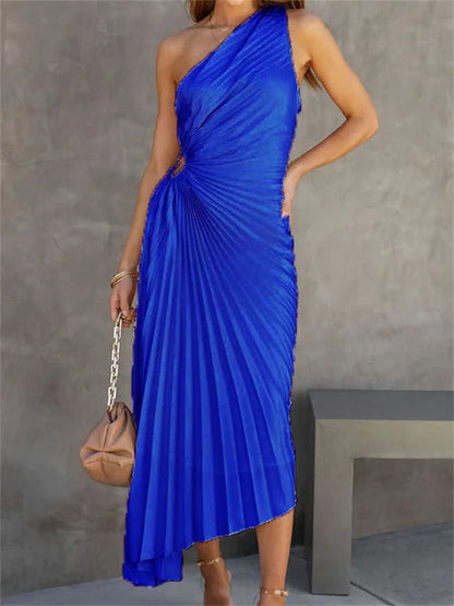 Elegant Female Sexy Dress Gown Pleated One-Shoulder Sleeveless Summer Party Dress Fashion Slim Solid For Women Maxi Dress