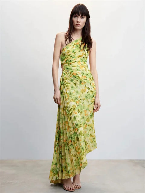 Elegant Female Sexy Dress Gown Pleated One-Shoulder Sleeveless Summer Party Dress Fashion Slim Solid For Women Maxi Dress