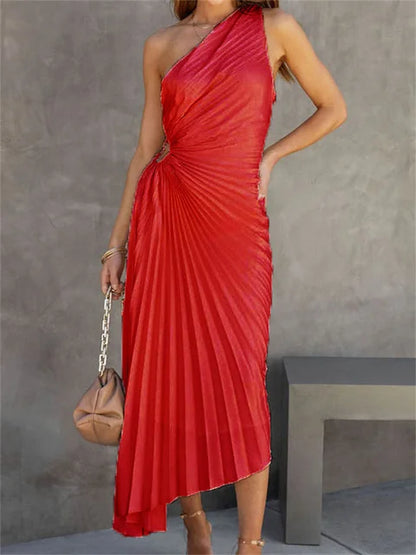 Elegant Female Sexy Dress Gown Pleated One-Shoulder Sleeveless Summer Party Dress Fashion Slim Solid For Women Maxi Dress