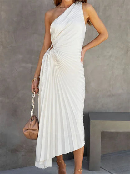 Elegant Female Sexy Dress Gown Pleated One-Shoulder Sleeveless Summer Party Dress Fashion Slim Solid For Women Maxi Dress