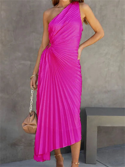 Elegant Female Sexy Dress Gown Pleated One-Shoulder Sleeveless Summer Party Dress Fashion Slim Solid For Women Maxi Dress