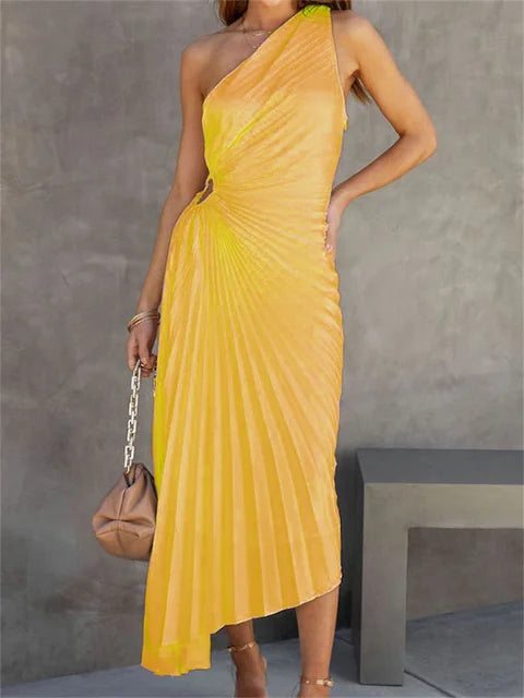Elegant Female Sexy Dress Gown Pleated One-Shoulder Sleeveless Summer Party Dress Fashion Slim Solid For Women Maxi Dress