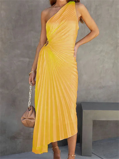 Elegant Female Sexy Dress Gown Pleated One-Shoulder Sleeveless Summer Party Dress Fashion Slim Solid For Women Maxi Dress