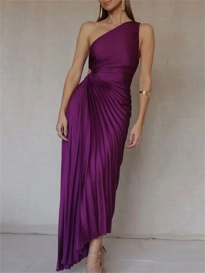 Elegant Female Sexy Dress Gown Pleated One-Shoulder Sleeveless Summer Party Dress Fashion Slim Solid For Women Maxi Dress