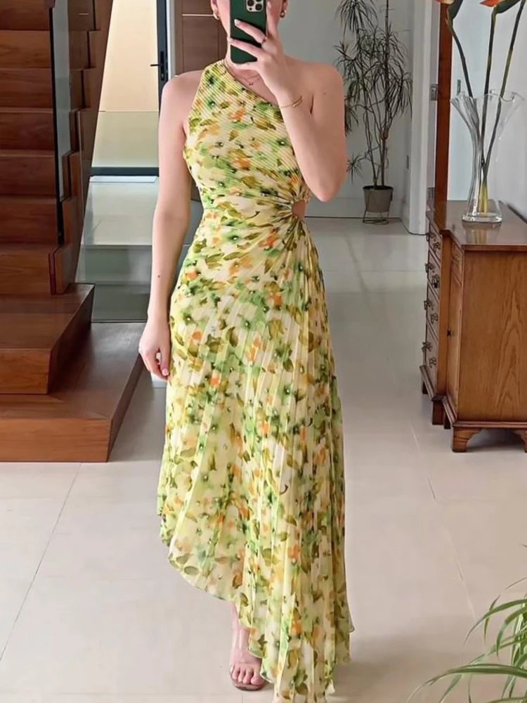 Elegant Female Sexy Dress Gown Pleated One-Shoulder Sleeveless Summer Party Dress Fashion Slim Solid For Women Maxi Dress