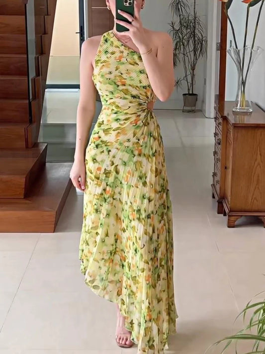 Elegant Female Sexy Dress Gown Pleated One-Shoulder Sleeveless Summer Party Dress Fashion Slim Solid For Women Maxi Dress