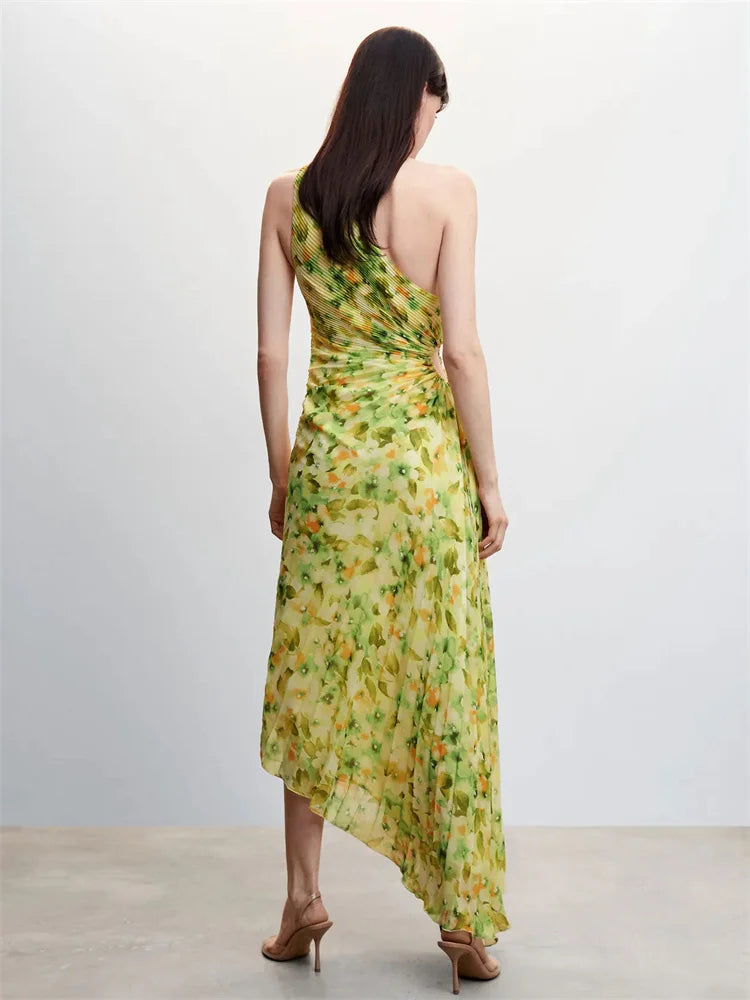 Elegant Female Sexy Dress Gown Pleated One-Shoulder Sleeveless Summer Party Dress Fashion Slim Solid For Women Maxi Dress