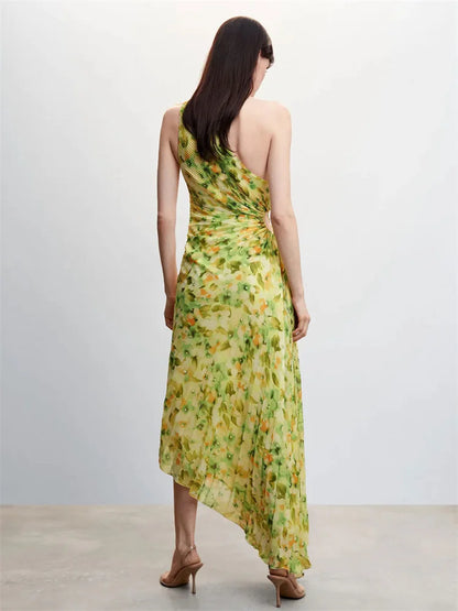 Elegant Female Sexy Dress Gown Pleated One-Shoulder Sleeveless Summer Party Dress Fashion Slim Solid For Women Maxi Dress