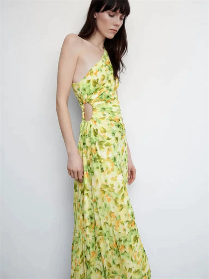 Elegant Female Sexy Dress Gown Pleated One-Shoulder Sleeveless Summer Party Dress Fashion Slim Solid For Women Maxi Dress