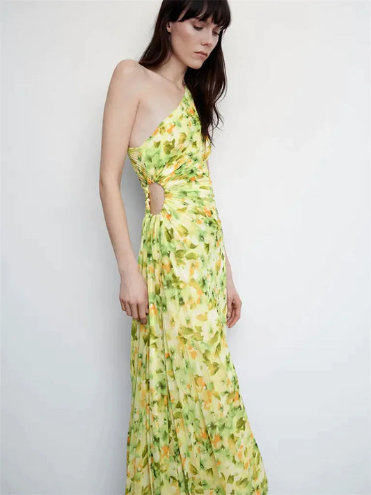 Elegant Female Sexy Dress Gown Pleated One-Shoulder Sleeveless Summer Party Dress Fashion Slim Solid For Women Maxi Dress