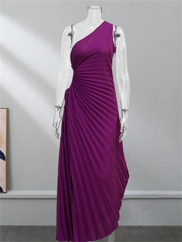 Elegant Female Sexy Dress Gown Pleated One-Shoulder Sleeveless Summer Party Dress Fashion Slim Solid For Women Maxi Dress