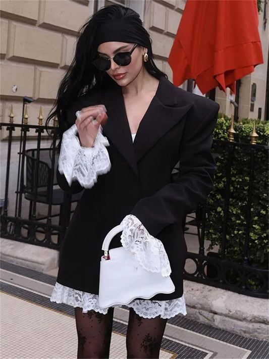 Elegant Lace Fashion MIni Dress Women’s Suit V-Neck Patchwork Long Sleeve Commute Y2k Party Dress Female Autumn Dress
