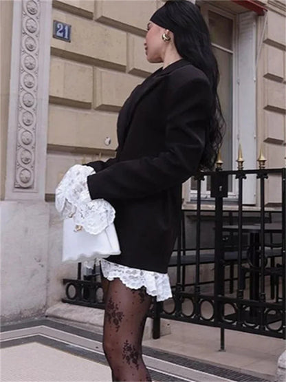 Elegant Lace Fashion MIni Dress Women’s Suit V-Neck Patchwork Long Sleeve Commute Y2k Party Dress Female Autumn Dress