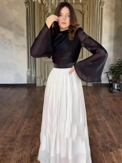 Elegante vestido plisado para mujer, de malla con retazos, vendaje, escalonado, ajustado, de calle, transparente, en contraste, nuevo vestido largo de otoño