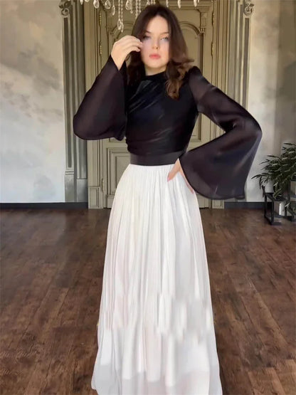 Elegante vestido plisado para mujer, de malla con retazos, vendaje, escalonado, ajustado, de calle, transparente, en contraste, nuevo vestido largo de otoño