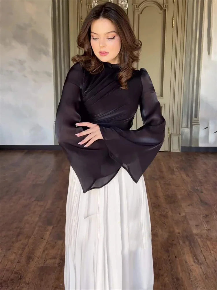 Elegante vestido plisado para mujer, de malla con retazos, vendaje, escalonado, ajustado, de calle, transparente, en contraste, nuevo vestido largo de otoño
